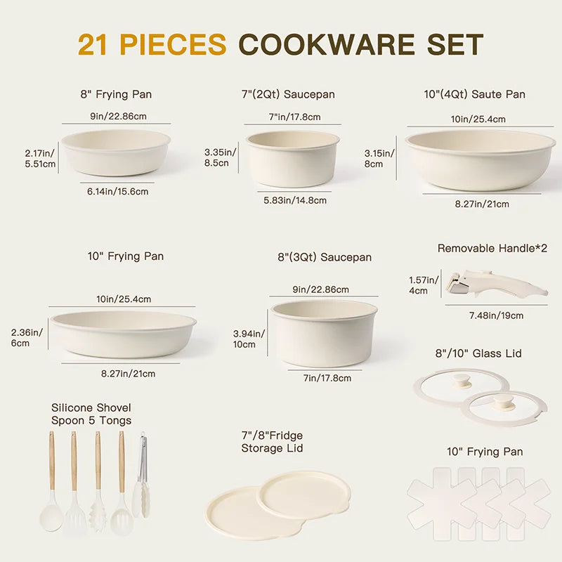 21 Piece cooking Pots and Pans Set Non-Stick, Ceramic Cookware Set with Sensor Handles, Milky white, best , good, Highest rated skillet