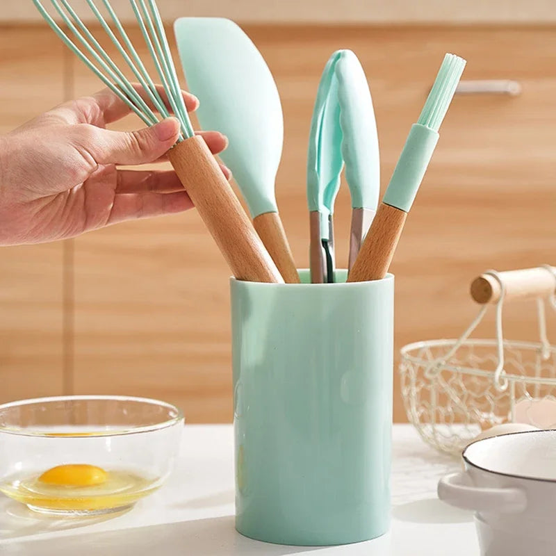 12PCS Silicone Non-Stick Cookware Kitchen Utensils Set for Kitchen Wooden Handle Spatula Egg Beaters Kitchenware Accessories