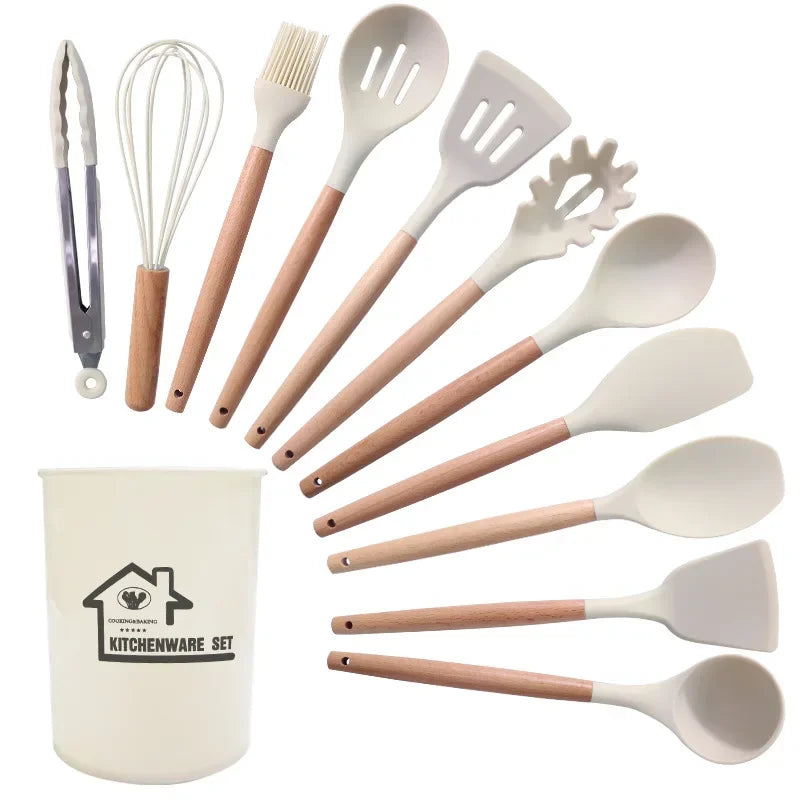 White 12PCS Silicone Non-Stick Cookware Kitchen Utensils Set for Kitchen Wooden Handle Spatula Egg Beaters Kitchenware Accessories