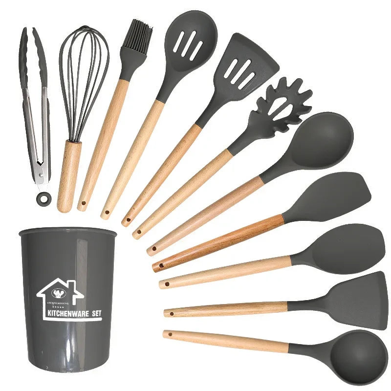 Black 12PCS Silicone Non-Stick Cookware Kitchen Utensils Set for Kitchen Wooden Handle Spatula Egg Beaters Kitchenware Accessories