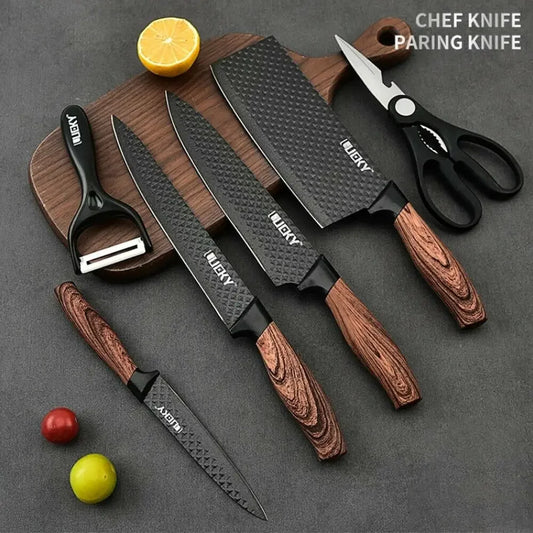 6 Pcs Kitchen Knife Set Stainless Steel Forged Chef Knife Scissors Ceramic Peeler Carving Paring Knife Cleaver Kitchen Tools I Gifing I Professional Chef I Kitchen Utility