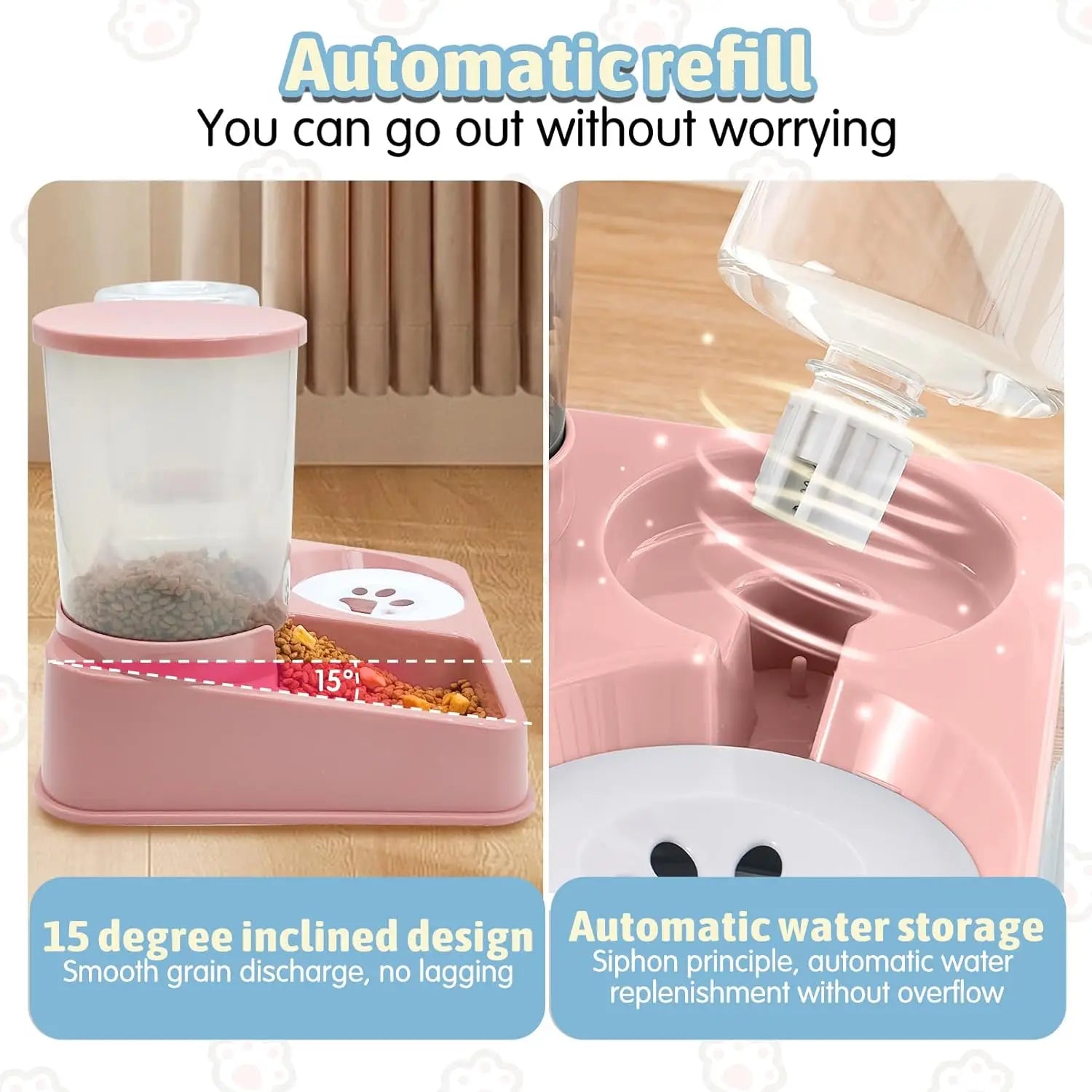 Automatic Cat Feeder 1 litre Water Dispenser Set, 2 In 1 Tilted Automatic Pet Food And Water Feeder Gravity Food Feeder and Waterer