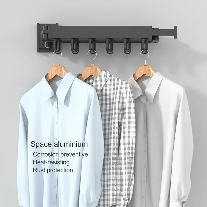 Wall-Mounted Foldable Aluminium Alloy Clothes Drying Rack Perfect for Balcony Bedroom Kitchen Living Room, Coat and clothes hanging on wall dryer