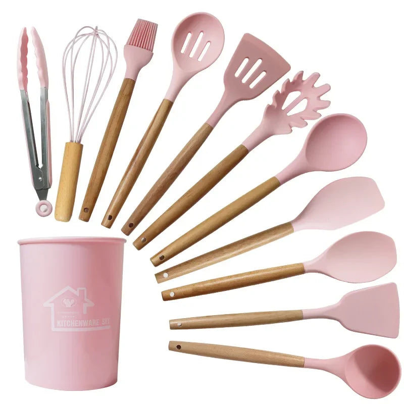 Pink 12PCS Silicone Non-Stick Cookware Kitchen Utensils Set for Kitchen Wooden Handle Spatula Egg Beaters Kitchenware Accessories