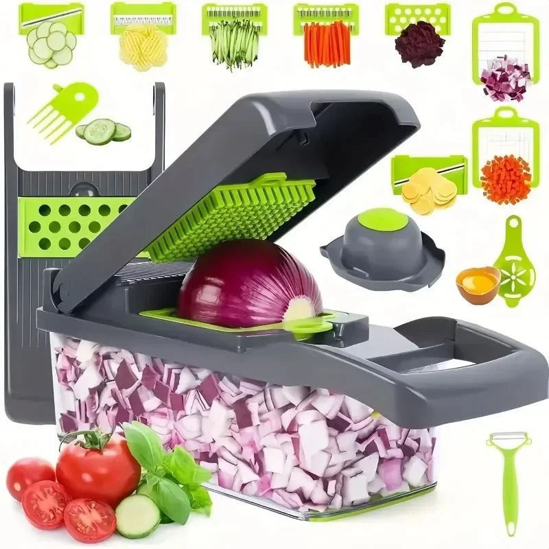 16 in 1 Multifunctional Vegetable Chopper Handle Food Grate Food Chopper Vegetable Slicer Dicer Cut Kitchen Items, waffle potato chips cutter