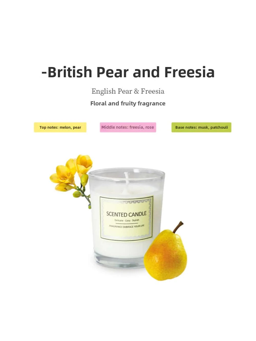 British Pear and Freesia Scented Candle Fragrance Atmosphere Companion Gift Hotel Clubhouse Smoke free Aromatherapy Candles