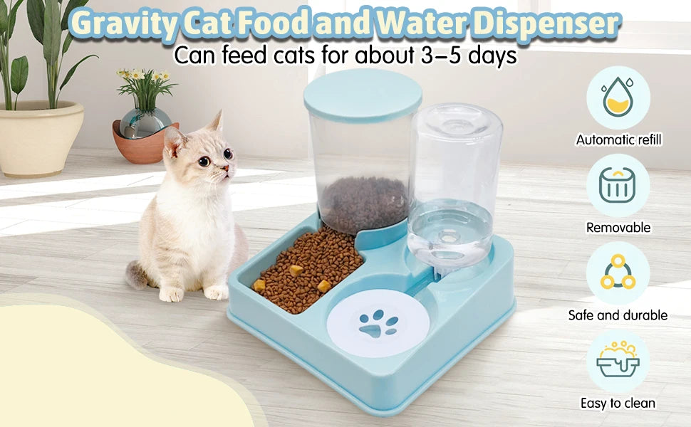 Automatic Cat Feeder 1 litre Water Dispenser Set, 2 In 1 Tilted Automatic Pet Food And Water Feeder Gravity Food Feeder and Waterer