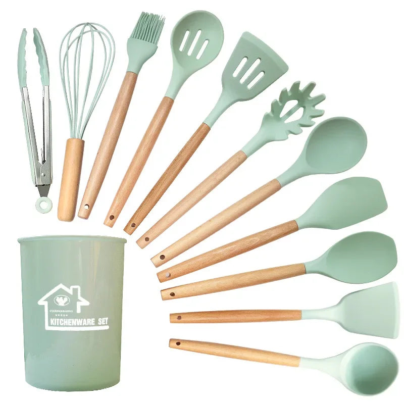 Mint Green 12PCS Silicone Non-Stick Cookware Kitchen Utensils Set for Kitchen Wooden Handle Spatula Egg Beaters Kitchenware Accessories