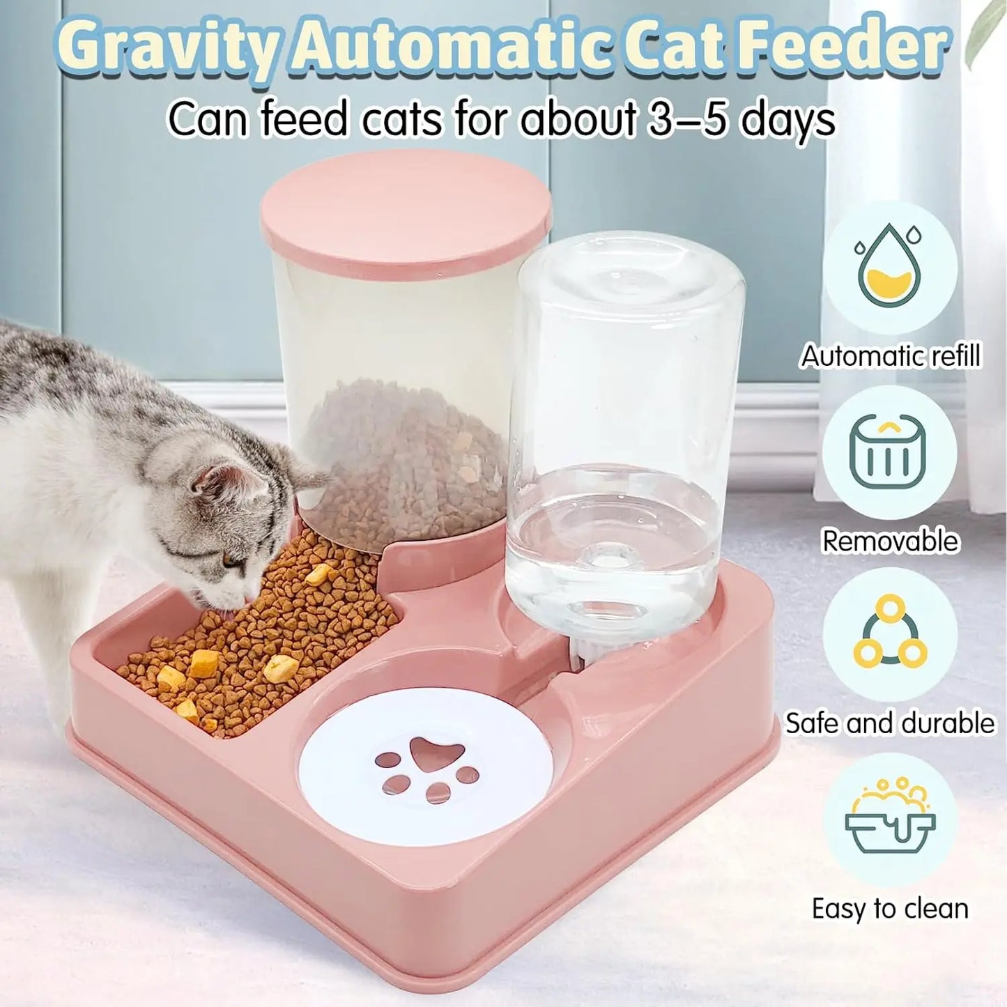 Automatic Cat Feeder 1 litre Water Dispenser Set, 2 In 1 Tilted Automatic Pet Food And Water Feeder Gravity Food Feeder and Waterer